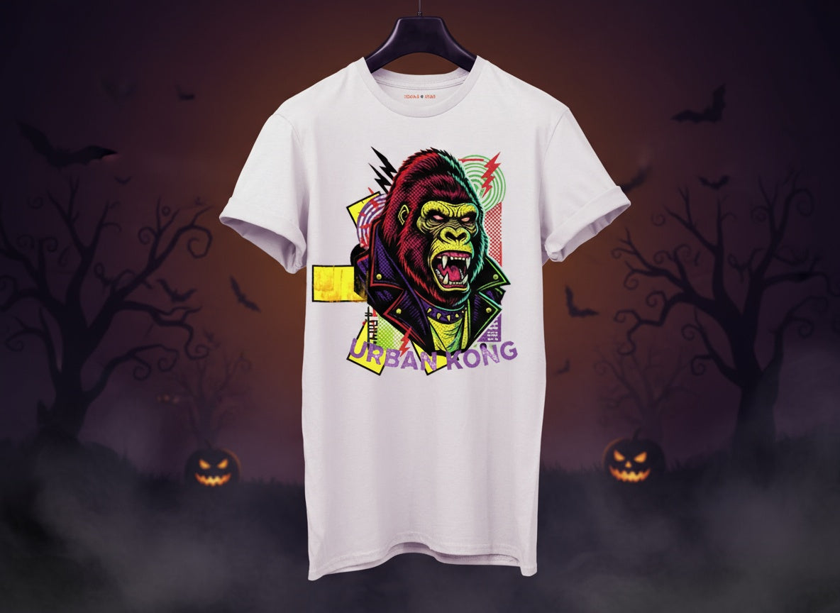 White t-shirt with colorful gorilla graphic design on a Halloween-themed background