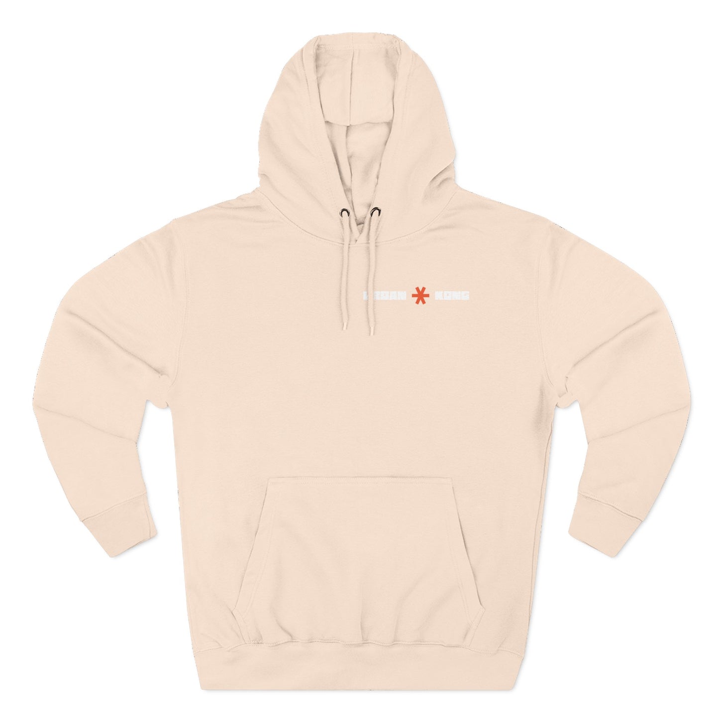 Beige hoodie with a logo on the chest against a white background