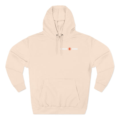 Beige hoodie with a logo on the chest against a white background