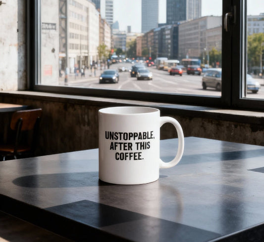 Mug with 'Unstoppable after this coffee' text on a table with a cityscape view through large windows.