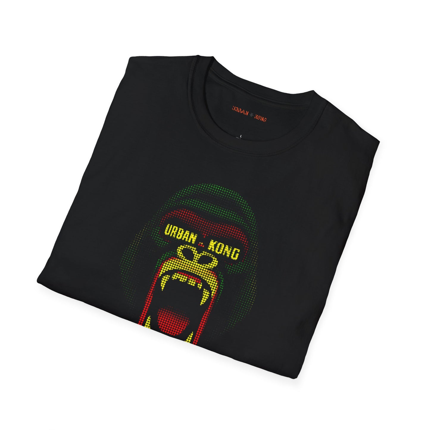 Folded black streetwear t-shirt Urban Kong with a roaring gorilla made in red yellow green dots.