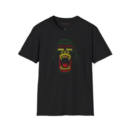 Black streetwear t-shirt Urban Kong with a roaring gorilla made in red yellow green dots.