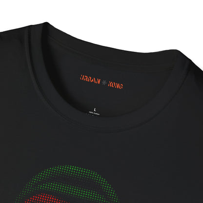 Closeup of black streetwear t-shirt Urban Kong with a roaring gorilla made in red yellow green dots.