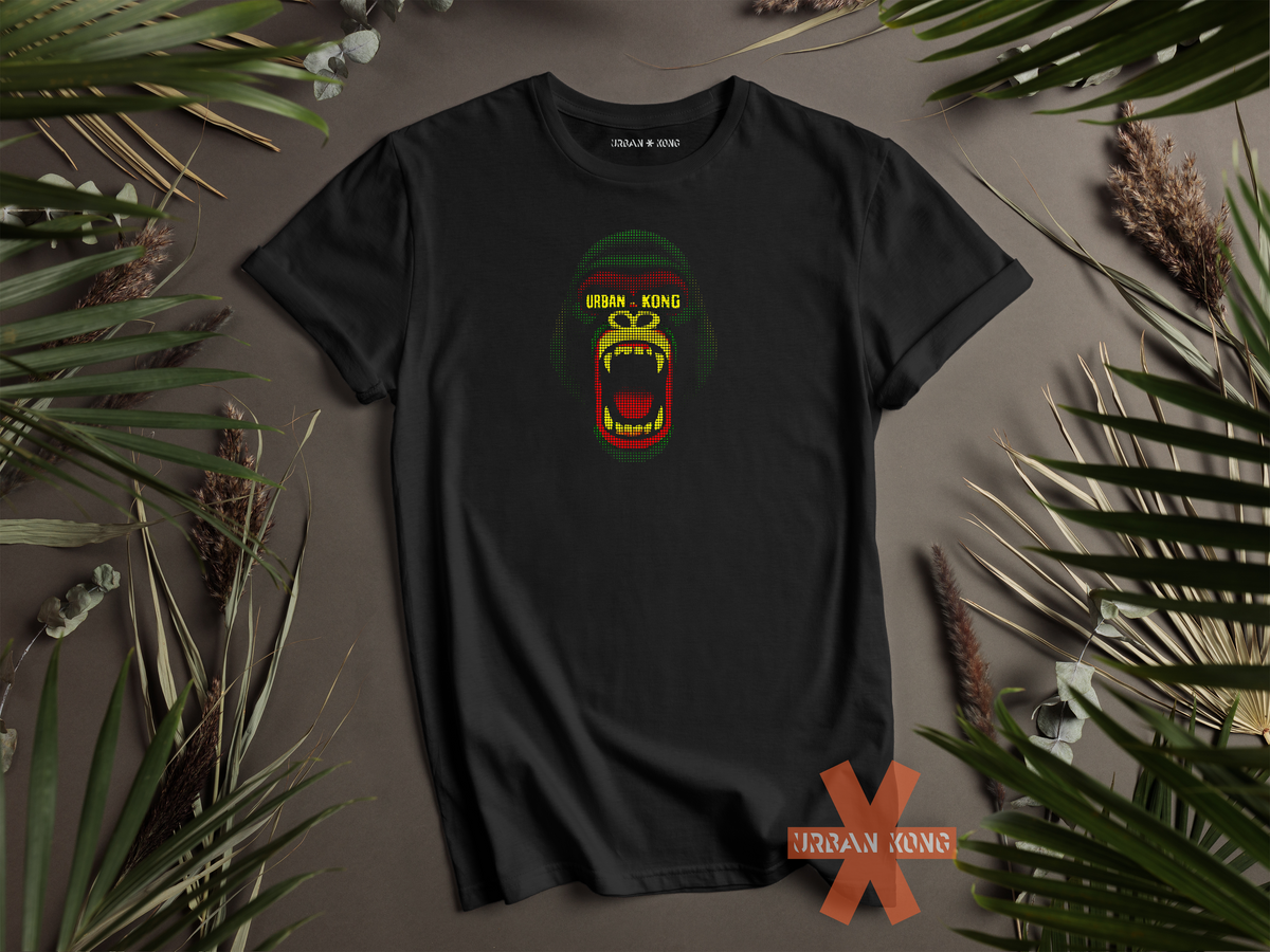 Black streetwear t-shirt Urban Kong with a roaring gorilla made in red yellow green dots.
