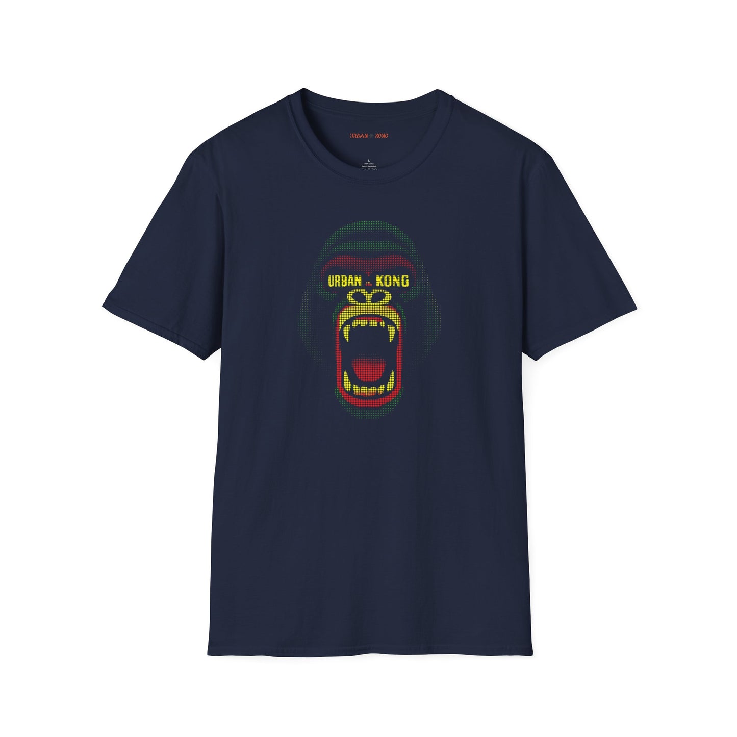 Blue streetwear t-shirt Urban Kong with a roaring gorilla made in red yellow green dots.