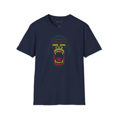 Blue streetwear t-shirt Urban Kong with a roaring gorilla made in red yellow green dots.