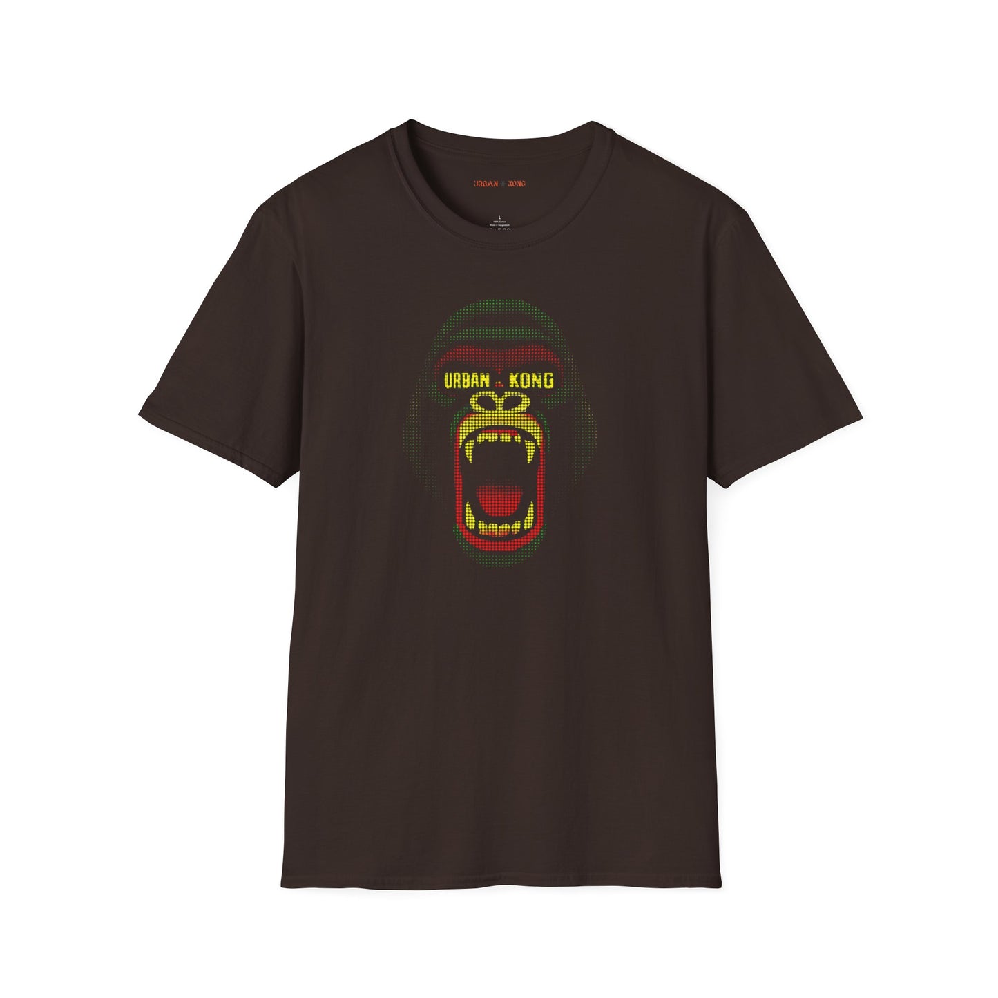 Brown streetwear t-shirt Urban Kong with a roaring gorilla made in red yellow green dots.