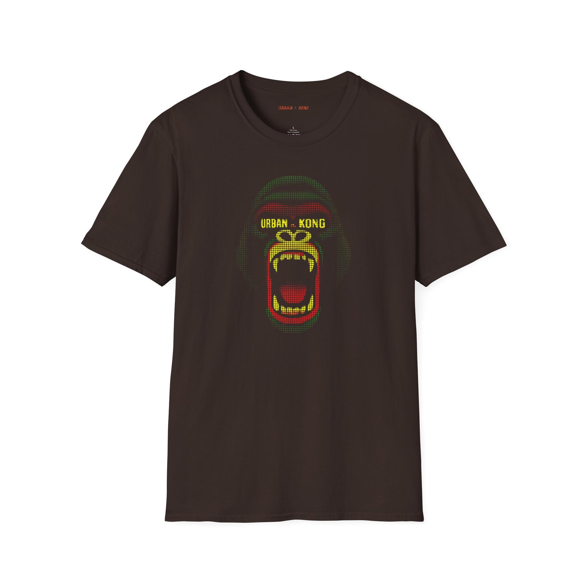 Brown streetwear t-shirt Urban Kong with a roaring gorilla made in red yellow green dots.