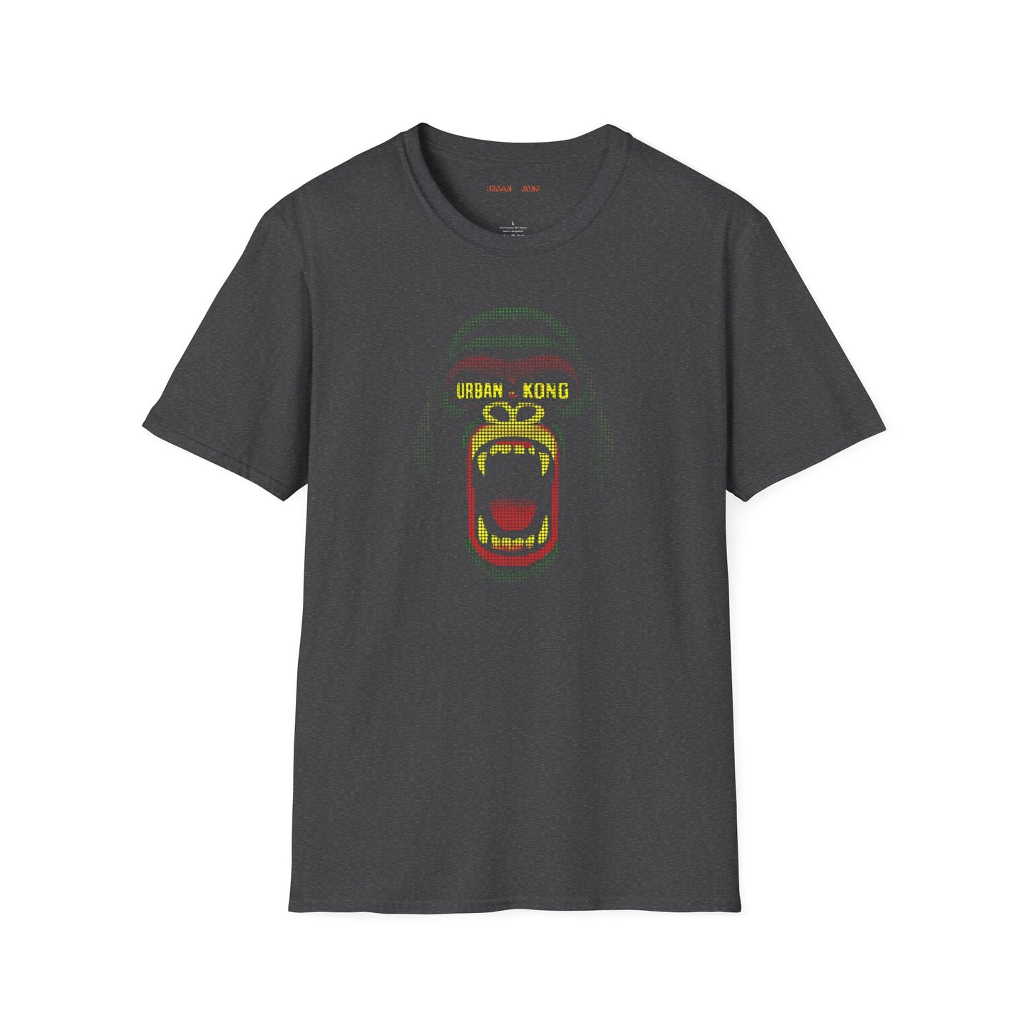 Grey streetwear t-shirt Urban Kong with a roaring gorilla made in red yellow green dots.