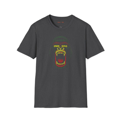 Grey streetwear t-shirt Urban Kong with a roaring gorilla made in red yellow green dots.