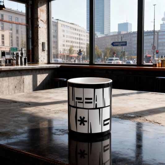 Cylindrical container with black and white design on a reflective surface, large windows showing an urban street scene.