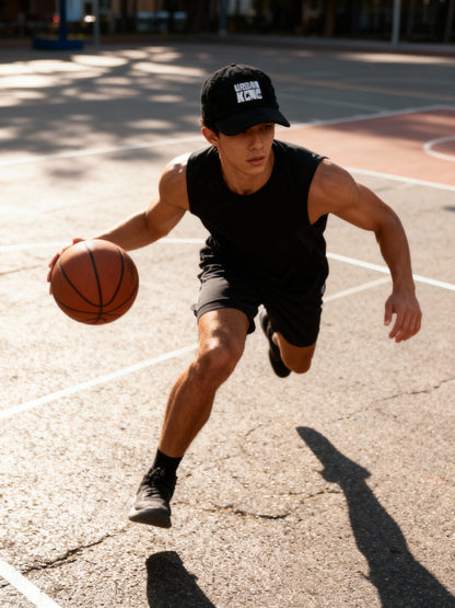 Man playing basketball on an outdoor court wearing a black cap and sleeveless shirt.