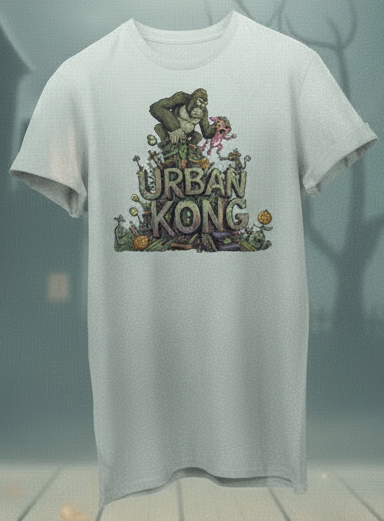 White t-shirt with 'Urban Kong' design on a Halloween-themed background with pumpkins and a full moon.