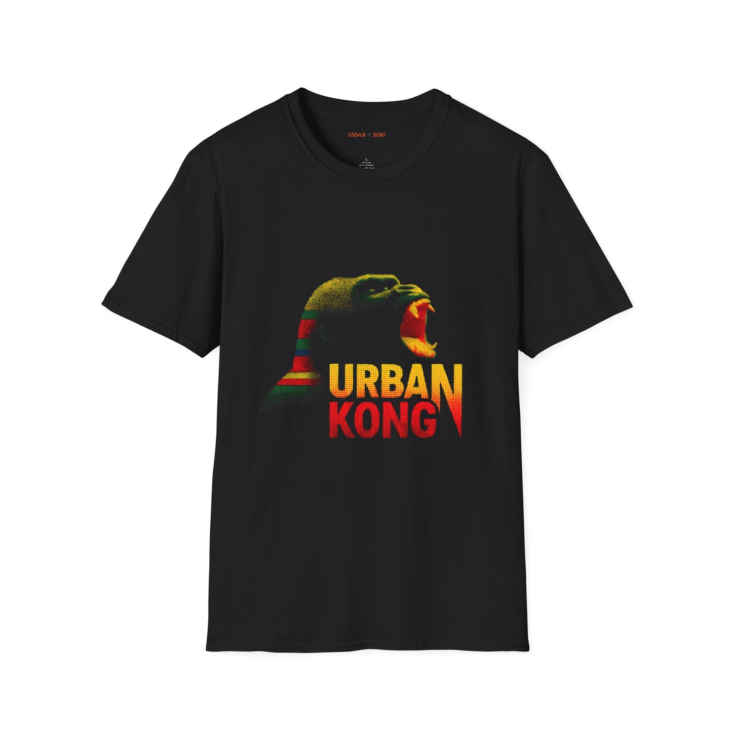 Black streetwear t-shirt featuring a graphic of gorilla screaming in green, yellow, and red, with the text 'URBAN KONG' below in matching colors.