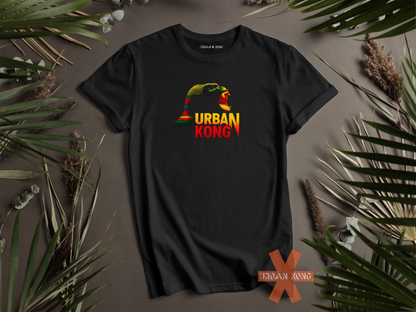 Black streetwear t-shirt featuring a graphic of gorilla screaming in green, yellow, and red, with the text 'URBAN KONG' below in matching colors.