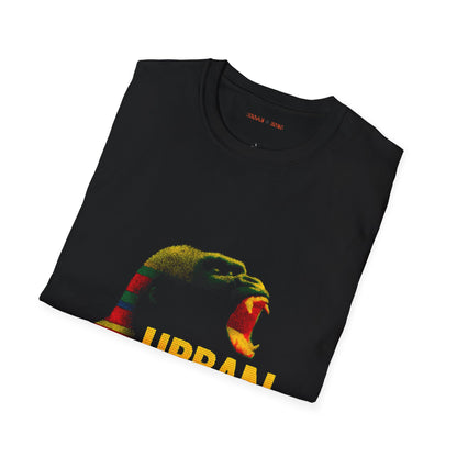 Folded black streetwear t-shirt featuring a graphic of gorilla screaming in green, yellow, and red, with the text 'URBAN KONG' below in matching colors.