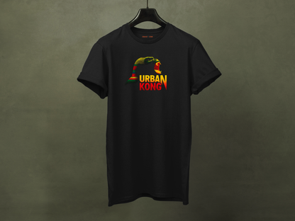 Hanged black streetwear t-shirt featuring a graphic of gorilla screaming in green, yellow, and red, with the text 'URBAN KONG' below in matching colors.