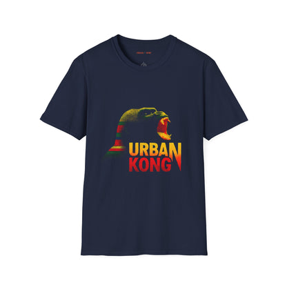 Blue streetwear t-shirt featuring a graphic of gorilla screaming in green, yellow, and red, with the text 'URBAN KONG' below in matching colors.