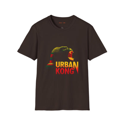 Brown streetwear t-shirt featuring a graphic of gorilla screaming in green, yellow, and red, with the text 'URBAN KONG' below in matching colors.