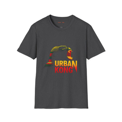 Grey streetwear t-shirt featuring a graphic of gorilla screaming in green, yellow, and red, with the text 'URBAN KONG' below in matching colors.