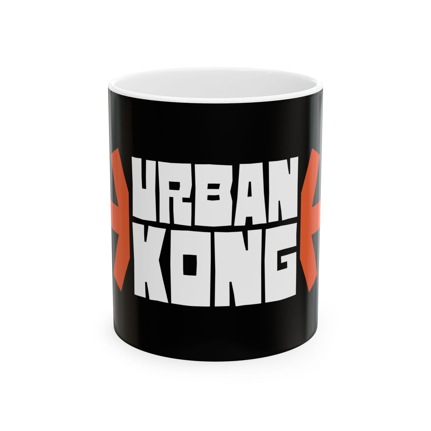 Black mug with 'Urban Kong' text and red design on a white background