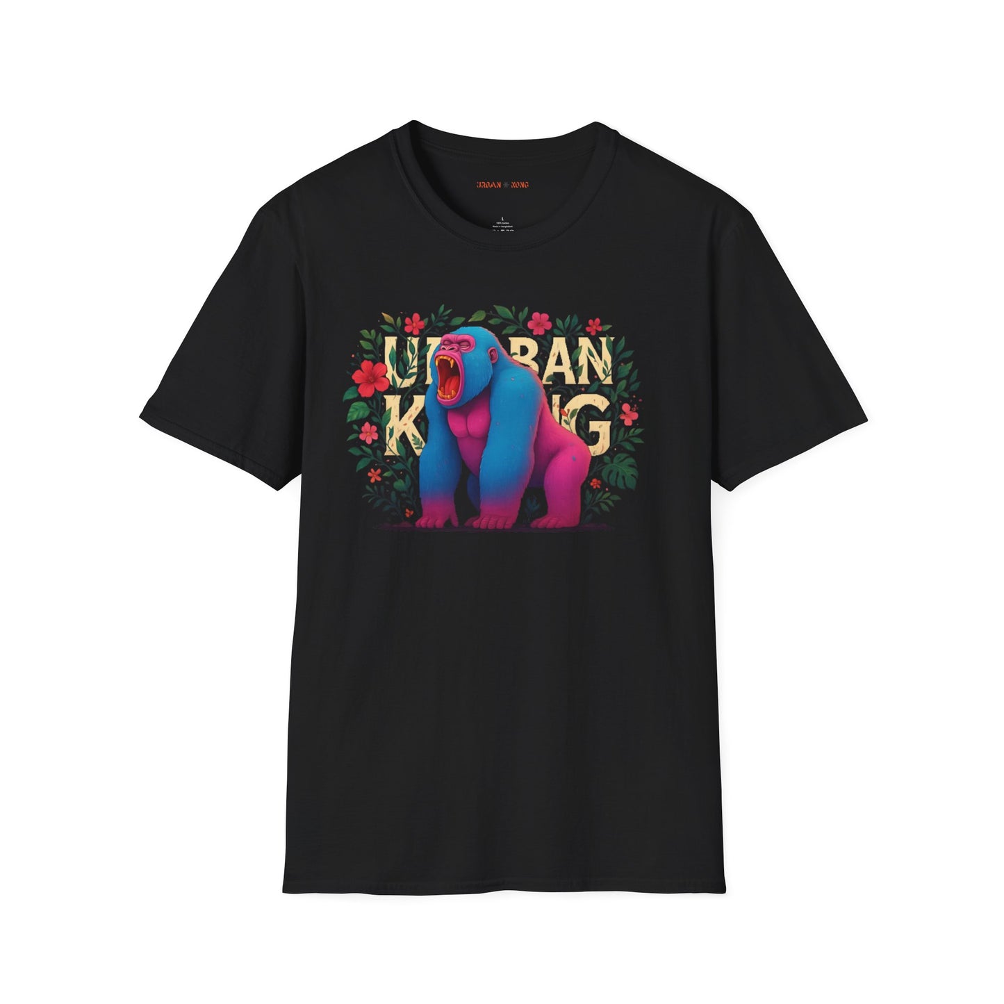 Black streetwear t-shirt featuring a colourful neon graphic of a gorilla with pink and blue fur, sitting and roaring, surrounded by floral elements. The 'URBAN KONG' text is integrated into the floral border.