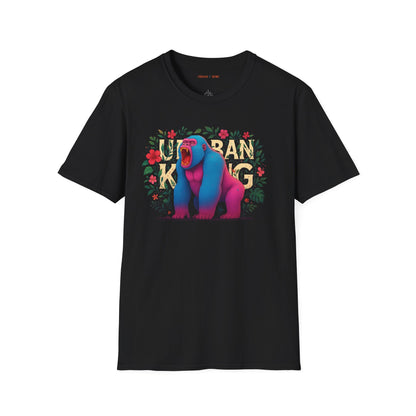 Black streetwear t-shirt featuring a colourful neon graphic of a gorilla with pink and blue fur, sitting and roaring, surrounded by floral elements. The 'URBAN KONG' text is integrated into the floral border.