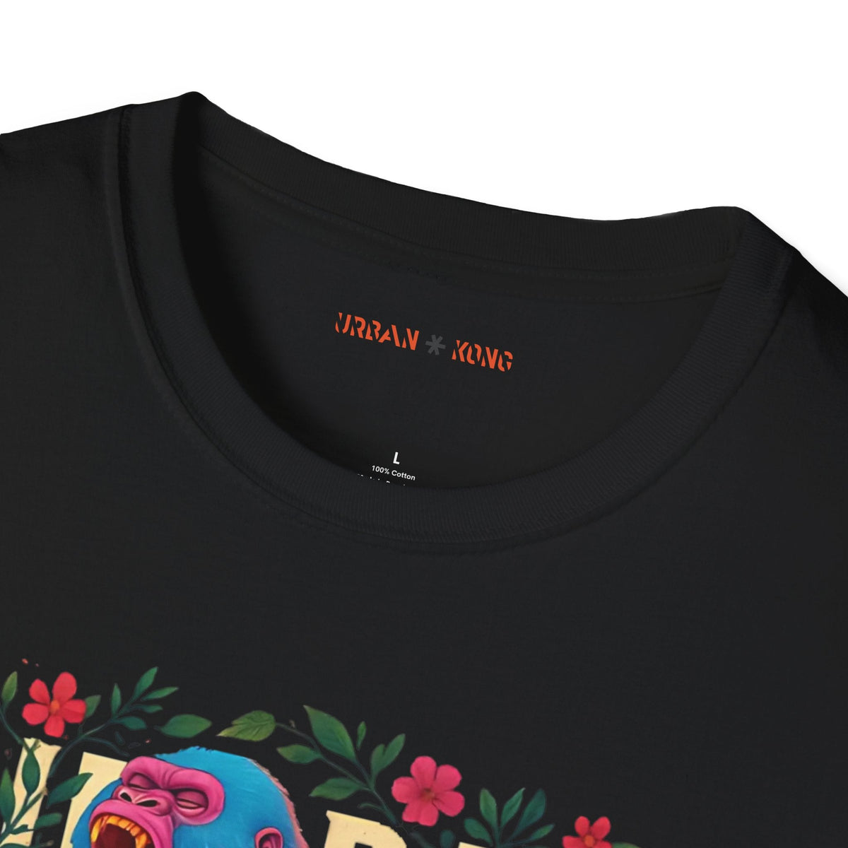 Label closeup black streetwear t-shirt featuring a colourful neon graphic of a gorilla with pink and blue fur, sitting and roaring, surrounded by floral elements. The 'URBAN KONG' text is integrated into the floral border.