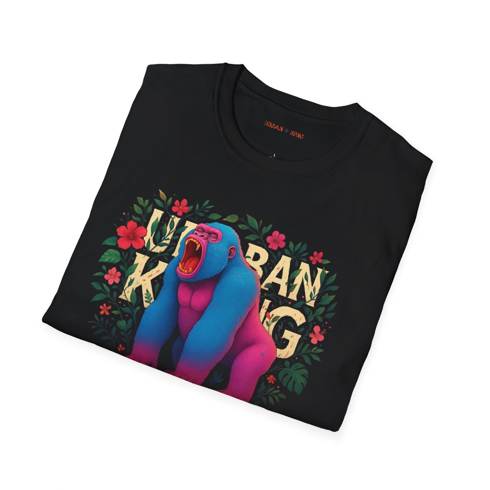 Folded black streetwear t-shirt featuring a colourful neon graphic of a gorilla with pink and blue fur, sitting and roaring, surrounded by floral elements. The 'URBAN KONG' text is integrated into the floral border.