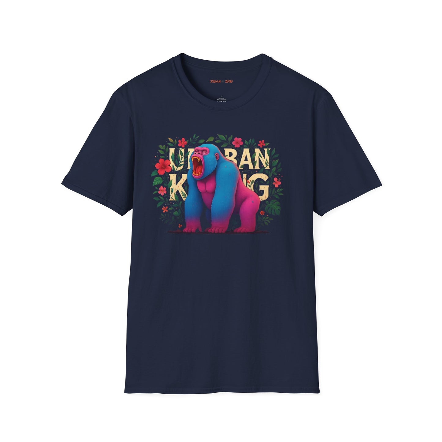Blue streetwear t-shirt featuring a colourful neon graphic of a gorilla with pink and blue fur, sitting and roaring, surrounded by floral elements. The 'URBAN KONG' text is integrated into the floral border.