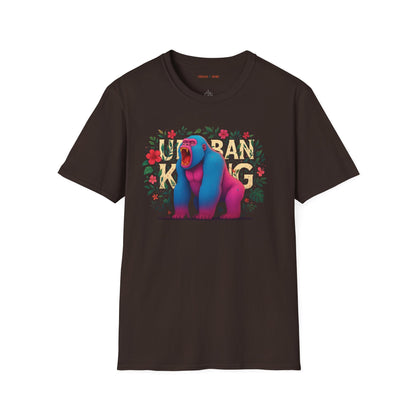 Brown streetwear t-shirt featuring a colourful neon graphic of a gorilla with pink and blue fur, sitting and roaring, surrounded by floral elements. The 'URBAN KONG' text is integrated into the floral border.