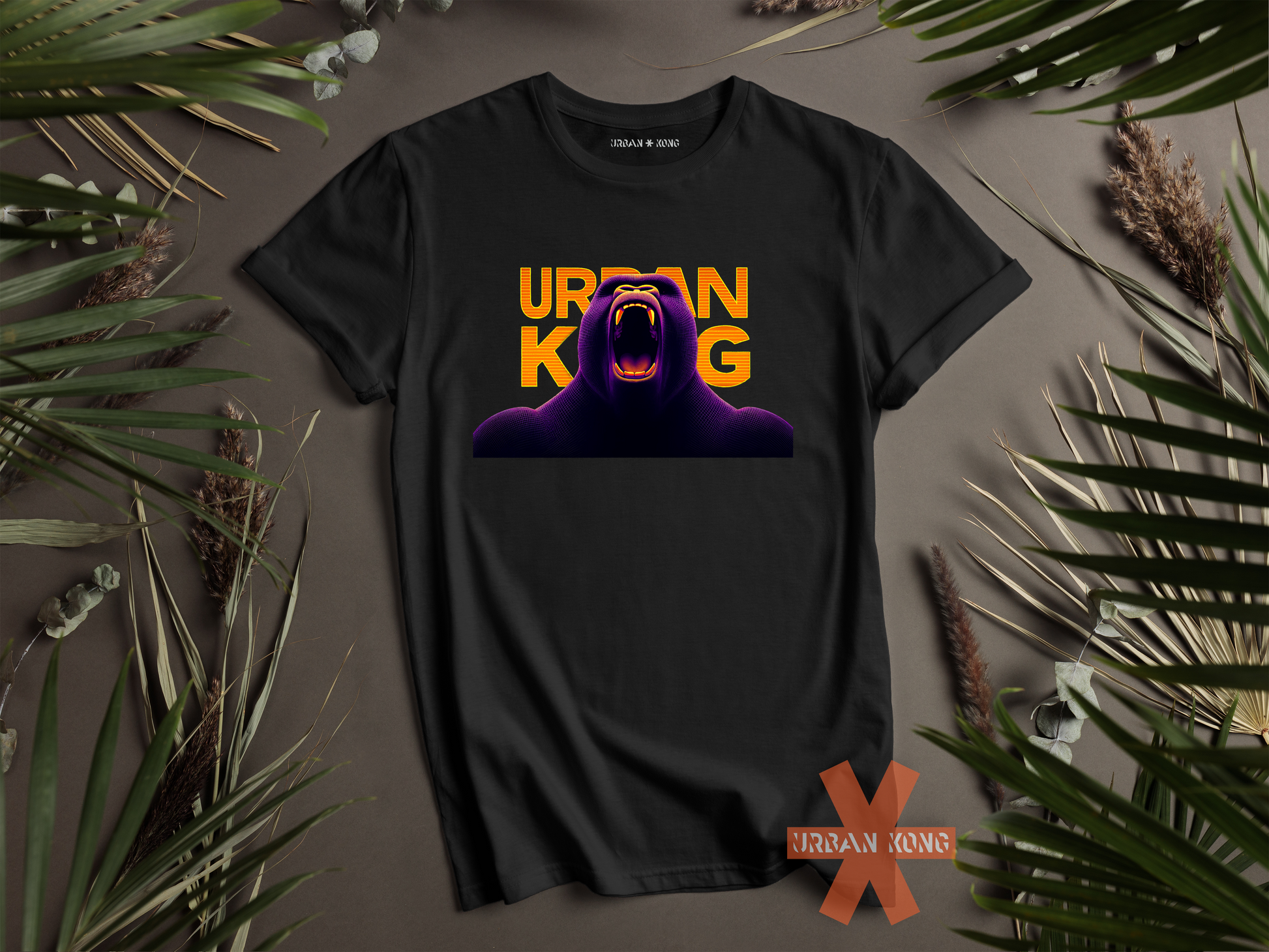 Black streetwear t-shirt with a dark purple, closeup graphic of a roaring gorilla with gradient orange and yellow 'URBAN KONG'.