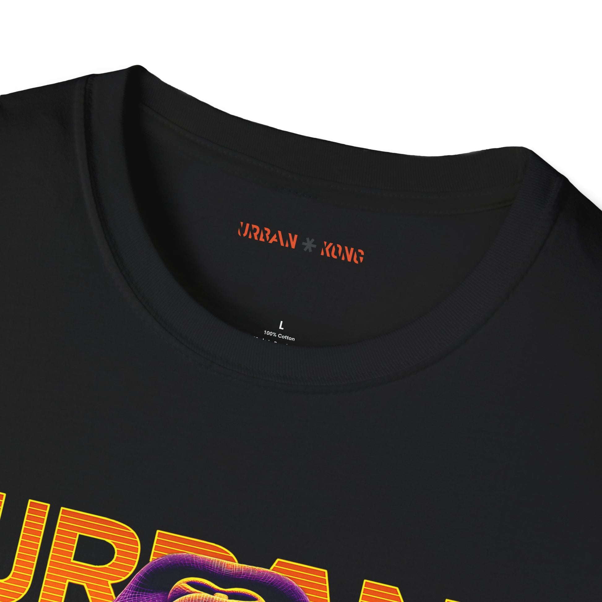 Label closeup black streetwear t-shirt with a dark purple, closeup graphic of a roaring gorilla with gradient orange and yellow 'URBAN KONG'.