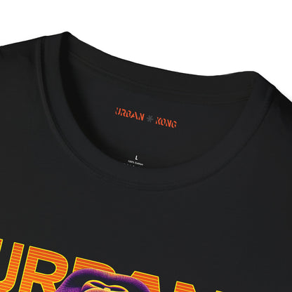 Label closeup black streetwear t-shirt with a dark purple, closeup graphic of a roaring gorilla with gradient orange and yellow 'URBAN KONG'.