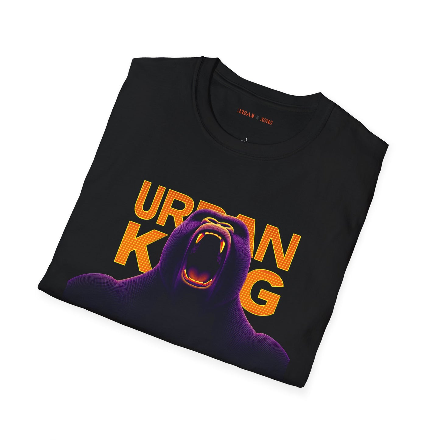 Folded black streetwear t-shirt with a dark purple, closeup graphic of a roaring gorilla with gradient orange and yellow 'URBAN KONG'.