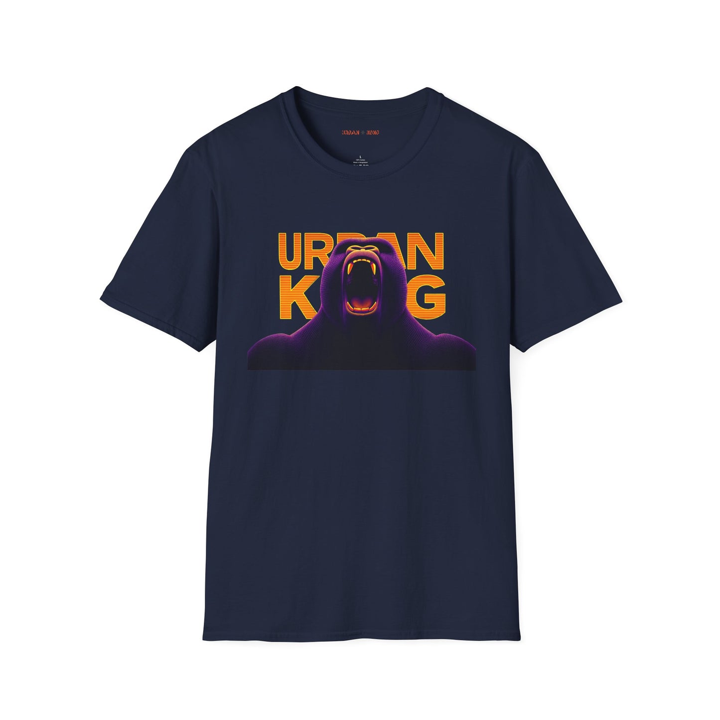 Blue streetwear t-shirt with a dark purple, closeup graphic of a roaring gorilla with gradient orange and yellow 'URBAN KONG'.