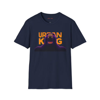 Blue streetwear t-shirt with a dark purple, closeup graphic of a roaring gorilla with gradient orange and yellow 'URBAN KONG'.
