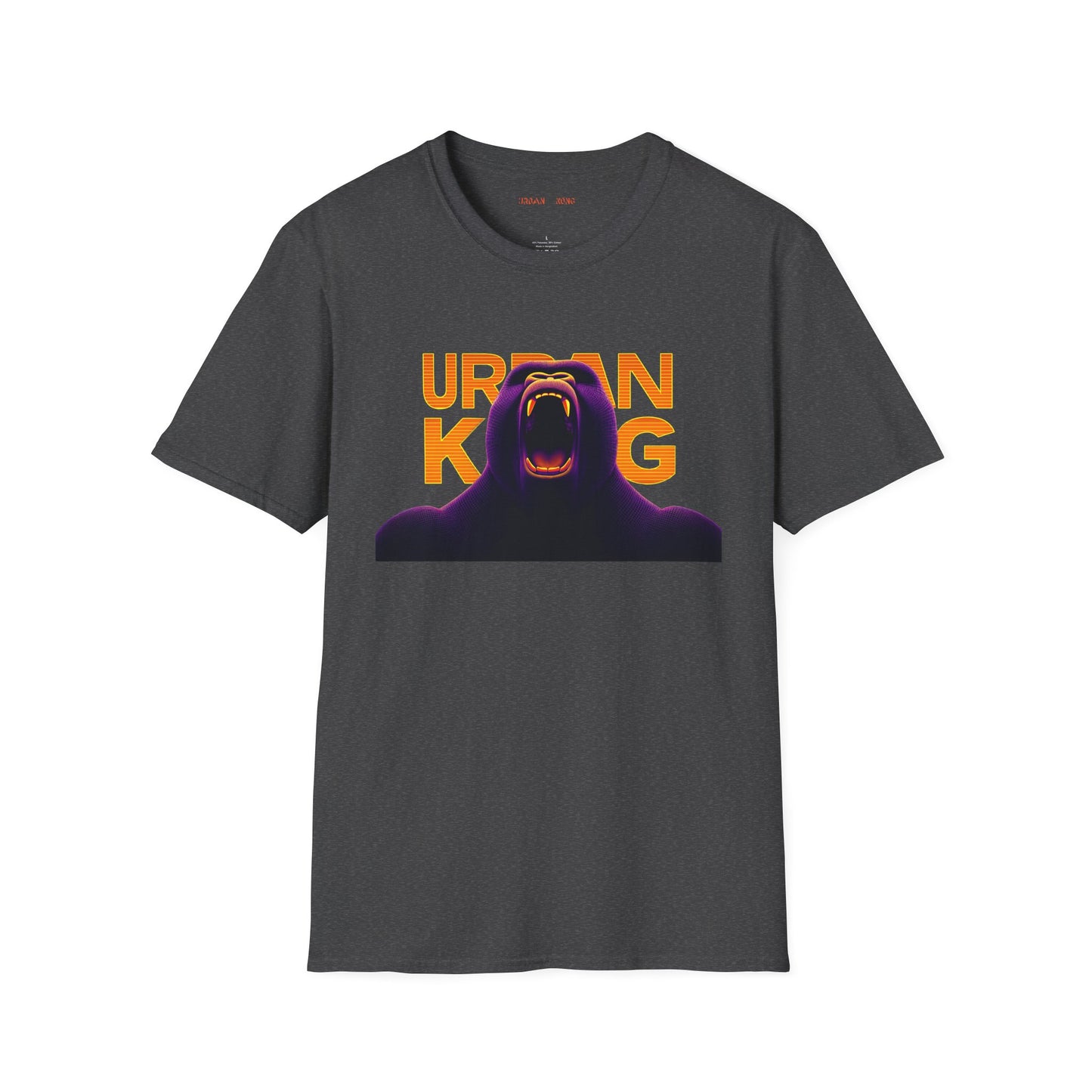 Grey streetwear t-shirt with a dark purple, closeup graphic of a roaring gorilla with gradient orange and yellow 'URBAN KONG'.