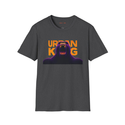Grey streetwear t-shirt with a dark purple, closeup graphic of a roaring gorilla with gradient orange and yellow 'URBAN KONG'.