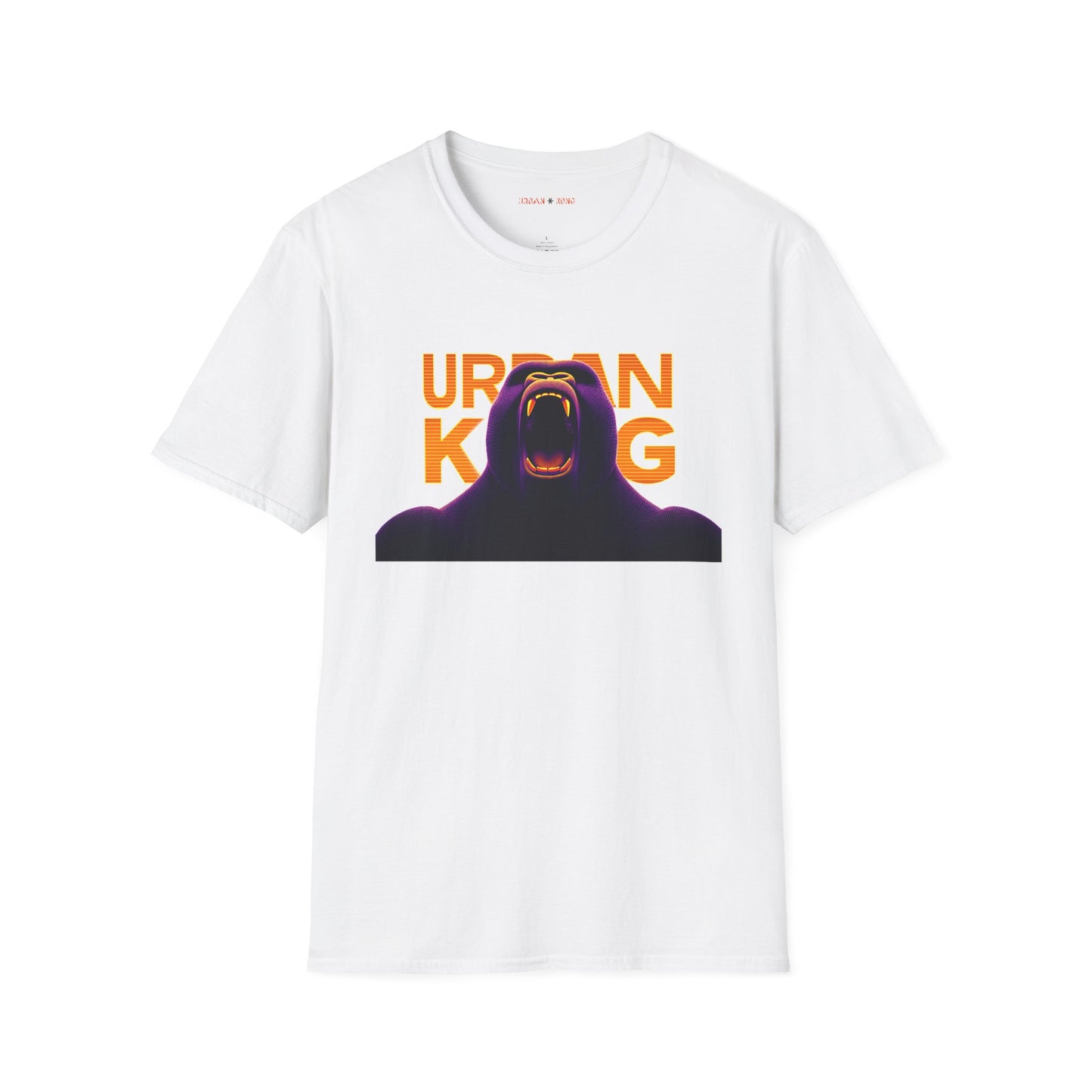 White streetwear t-shirt with a dark purple, closeup graphic of a roaring gorilla with gradient orange and yellow 'URBAN KONG'.