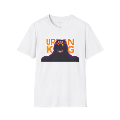 White streetwear t-shirt with a dark purple, closeup graphic of a roaring gorilla with gradient orange and yellow 'URBAN KONG'.