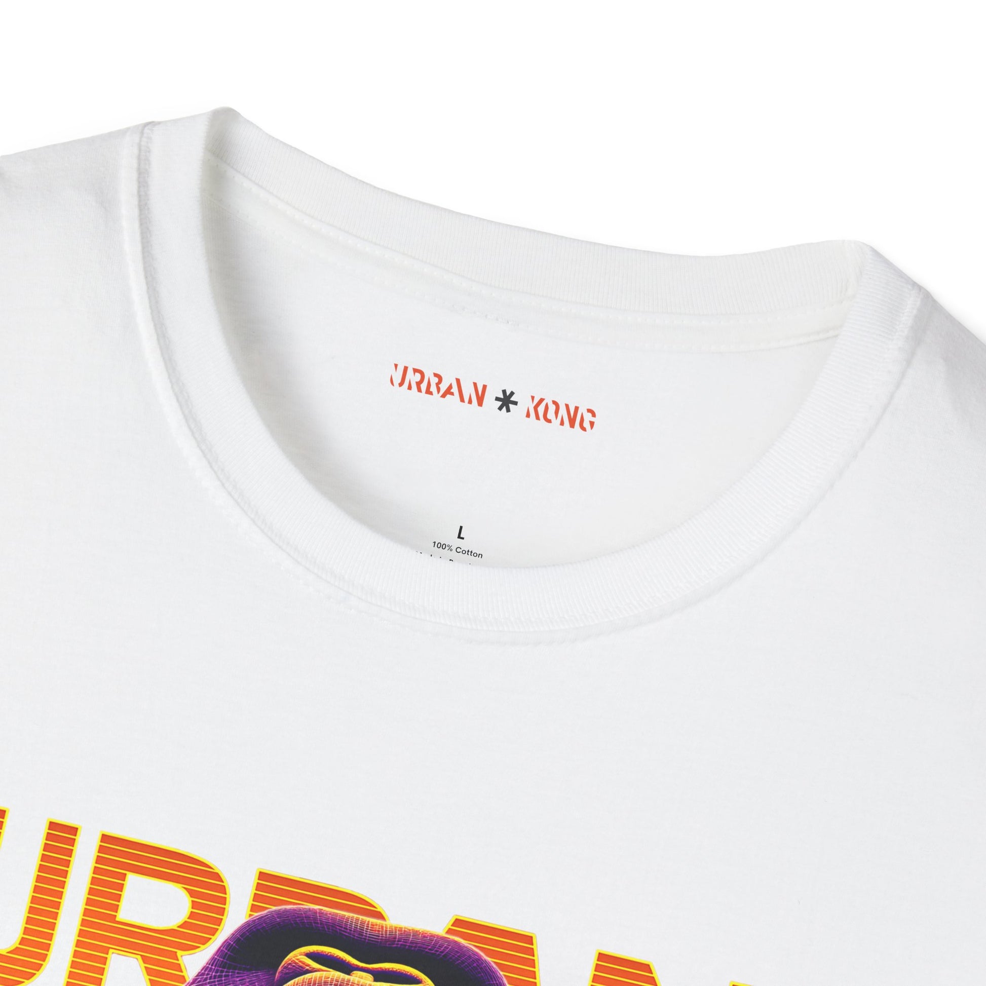 Label closeup white streetwear t-shirt with a dark purple, closeup graphic of a roaring gorilla with gradient orange and yellow 'URBAN KONG'.