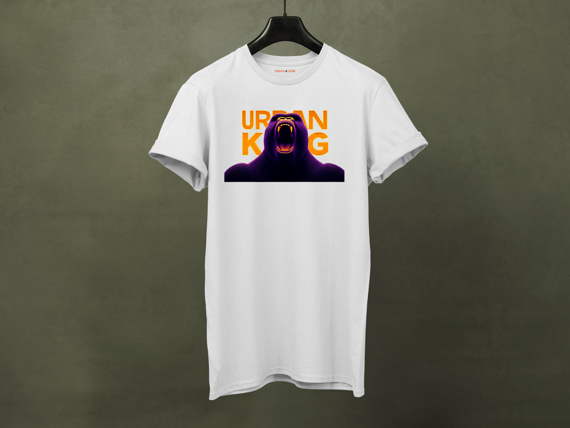 Hanged white streetwear t-shirt with a dark purple, closeup graphic of a roaring gorilla with gradient orange and yellow 'URBAN KONG'.