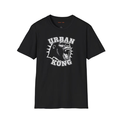 Black streetwear t-shirt with a white  graphic of a roaring gorilla and 'URBAN KONG' text.