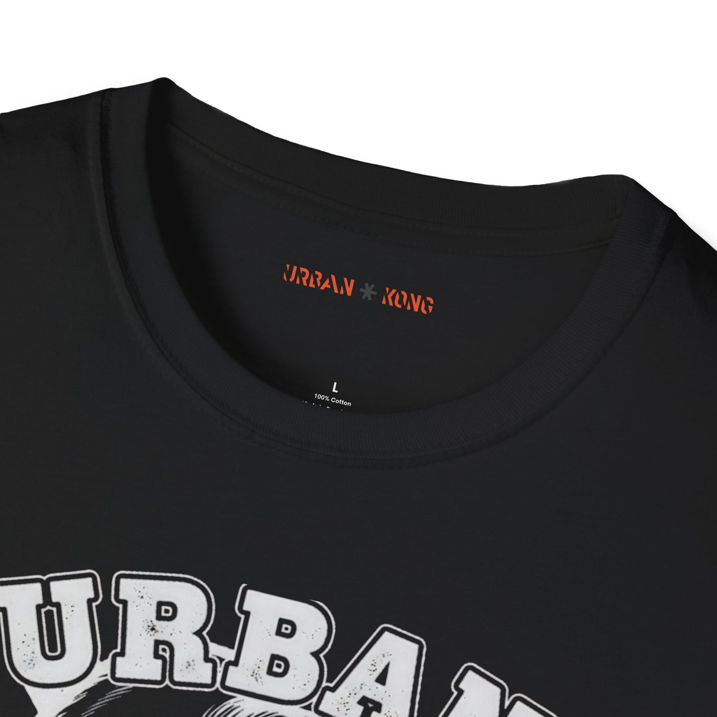 Label closeup black streetwear t-shirt with a white  graphic of a roaring gorilla and 'URBAN KONG' text.