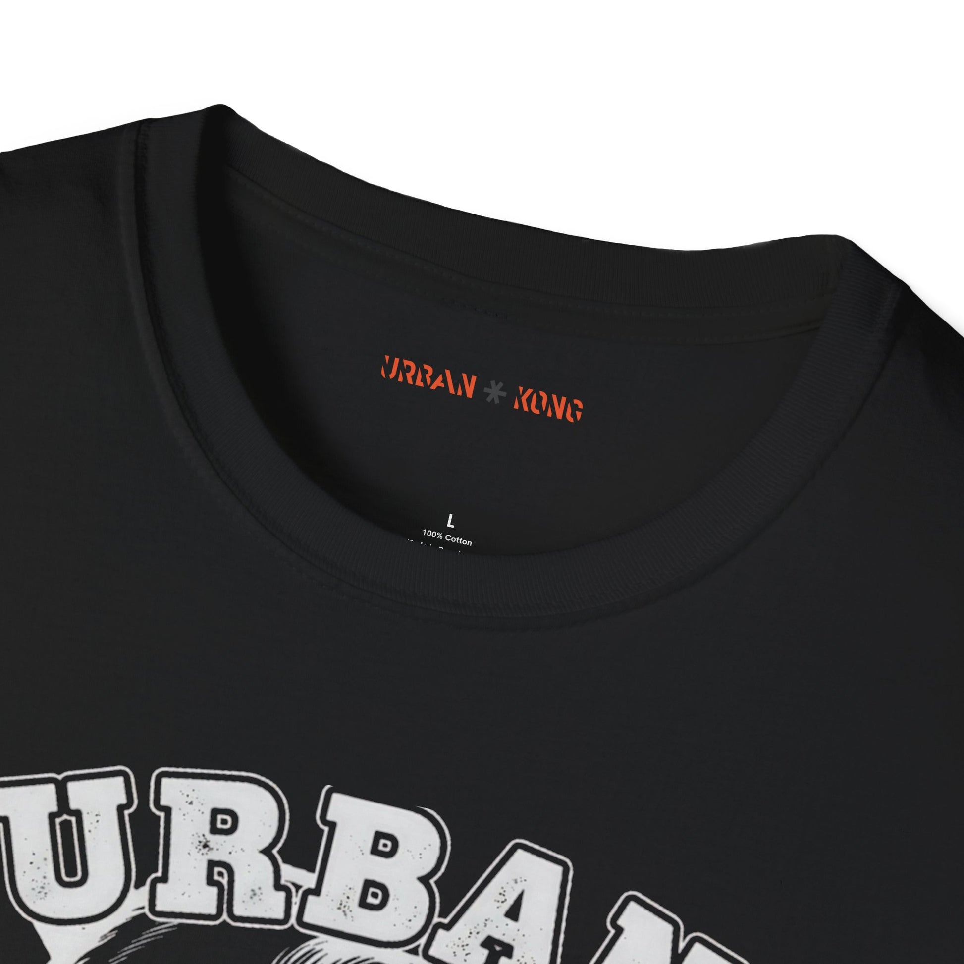 Label closeup black streetwear t-shirt with a white  graphic of a roaring gorilla and 'URBAN KONG' text.