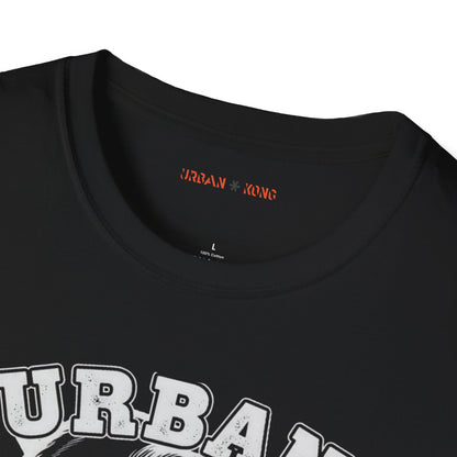 Label closeup black streetwear t-shirt with a white  graphic of a roaring gorilla and 'URBAN KONG' text.