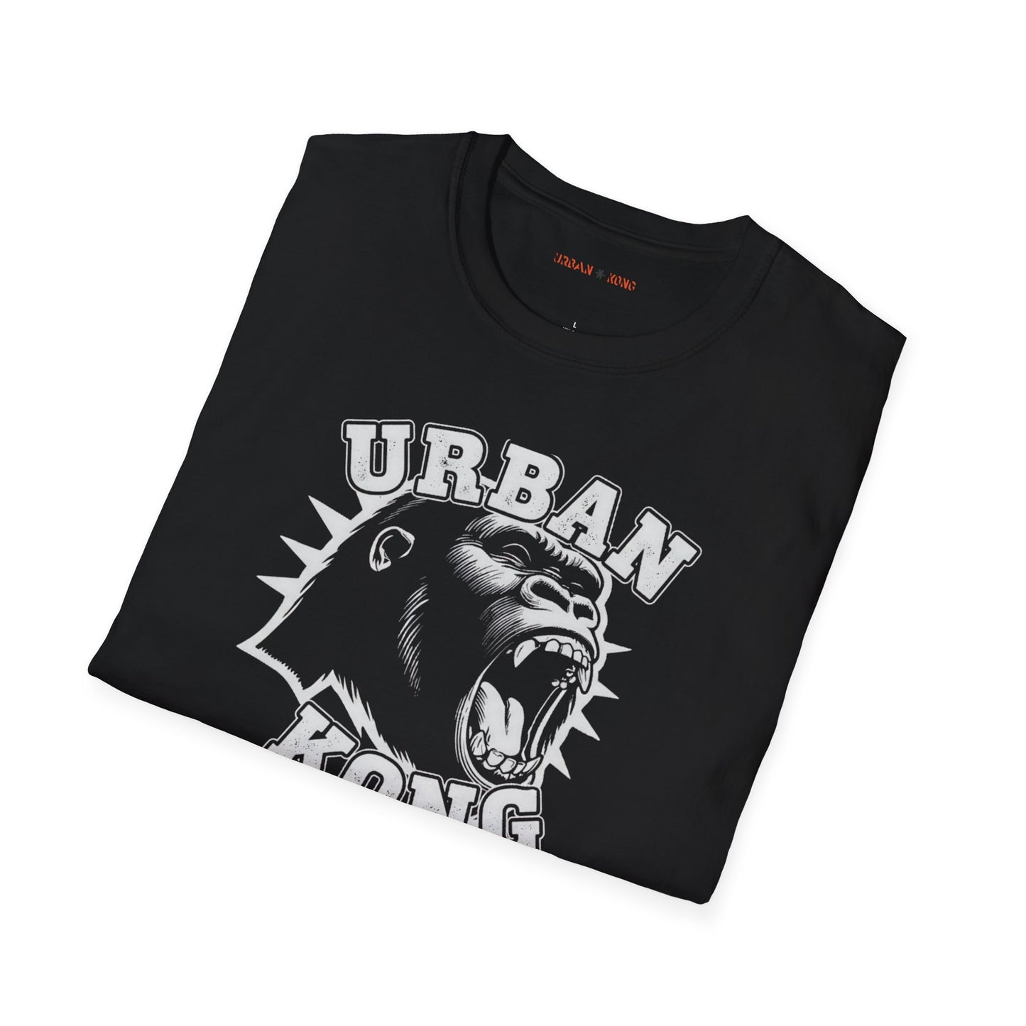 Folded black streetwear t-shirt with a white  graphic of a roaring gorilla and 'URBAN KONG' text.