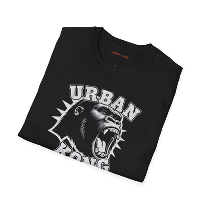 Folded black streetwear t-shirt with a white  graphic of a roaring gorilla and 'URBAN KONG' text.