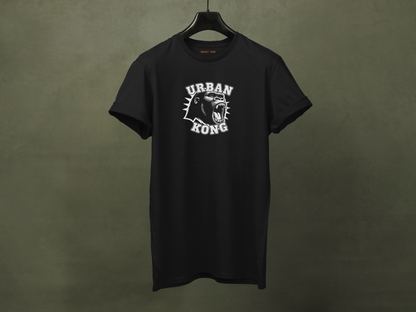 Hanged black streetwear t-shirt with a white  graphic of a roaring gorilla and 'URBAN KONG' text.